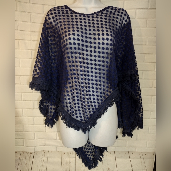 Free People Navy Embroidered Poncho With Crochet Trim - Picture 2 of 8